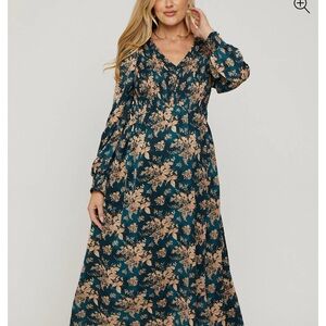 Pinkblush Maternity Green and Blue Maxi Dress with Bishop Sleeves